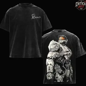 Halo Double Printed Oversize Lightweight Acid Washed Tee | Master Chief Vintage Gaming Graphic T-Shirt for Men | Casual Retro Streetwear Cotton Top Heavyweight Gamer Apparel Gift 7RF