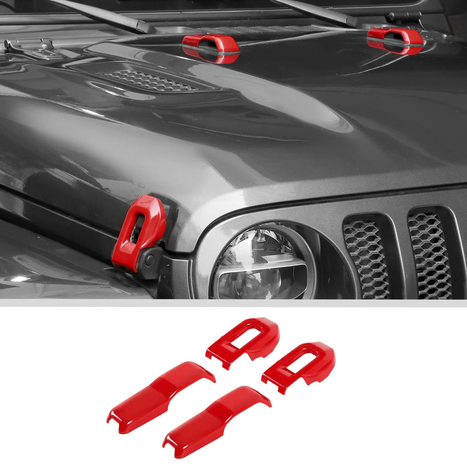 Red ABS Hood Hinge Latch Lock Catch Cover Trim - Body Kit Accessories, Car Exterior Decoration for 2018+ Jeep Wrangler JL & Gladiator JT Automotive Accessory