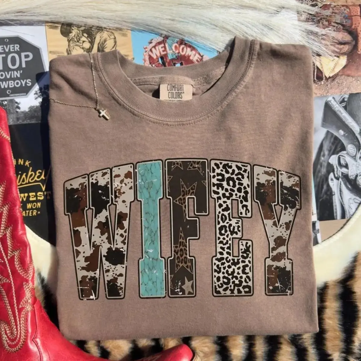 Comfort Colors Wifey T-Shirt, Western Cow Print Leopard Turquoise Graphic Tee for Women, Trendy Country Bride Honeymoon Tee, Gift for Wife Her