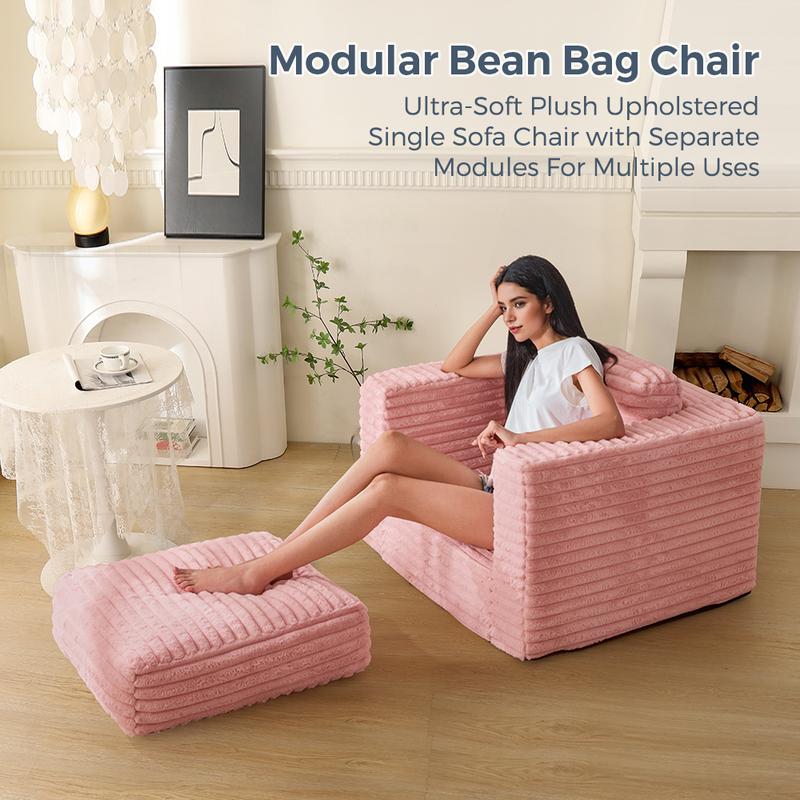 MAXYOYO Large Bean Bag Chair - Boneless Couch Convertible to Floor Sofa with Pillows & Armrests, Plush Sofa Couch for Bedroom & Living Room, Pink