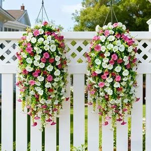 Artificial red lotus and white morning glory hanging vines, Artificial Fake Plants, plastic material, maintenance-free outdoor hanging fake flower vines, suitable for home, weddings, outdoor garden courtyards, porch eaves decoration
