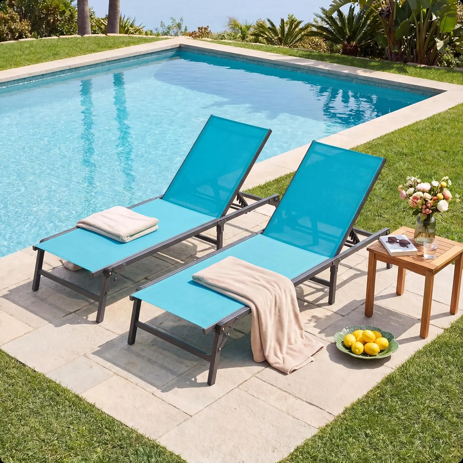 LAUSAINT HOME Pool Lounge Chairs Set of 2, Outdoor Tanning Chairs with 5-Position Adjustable Backrest, Chaise Lounges for Pool, Beach, Patio and Backyard, Turquoise Blue