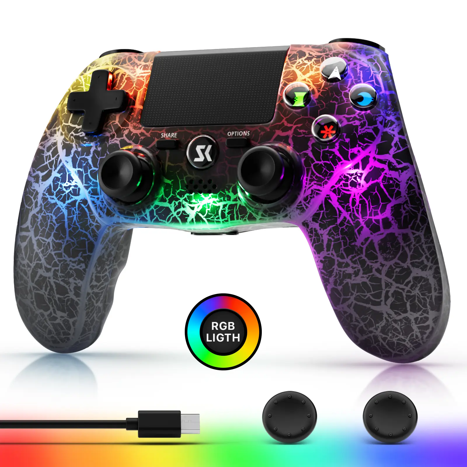 Wireless Game Controller For PS4/PC/Android/iOS, Remote Control with LED lights, Double Vibration, 6-Axis Motion Sensor, Speaker, Touch Pad, 1000mAh Battery, Black