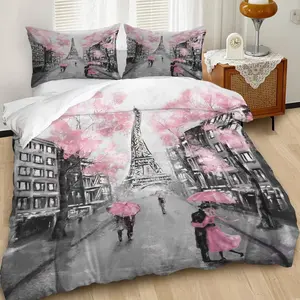2/3Pcs Charming Parisian Decorative Duvet Cover Set, Romantic Cherry Blossom Bedding Set, Soft and Cozy with Elegant Design, Perfect for Dreamy Bedroom Decor. Includes 1 or 2 Pillowcase - No filling/Zipper Closure