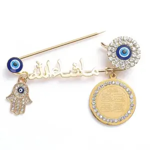 Exquisite Turkish Evil Eye Band Fatima Hand Pendant Islamic Muslim Allah Ayatur Kursi Brooch Religious Jewelry