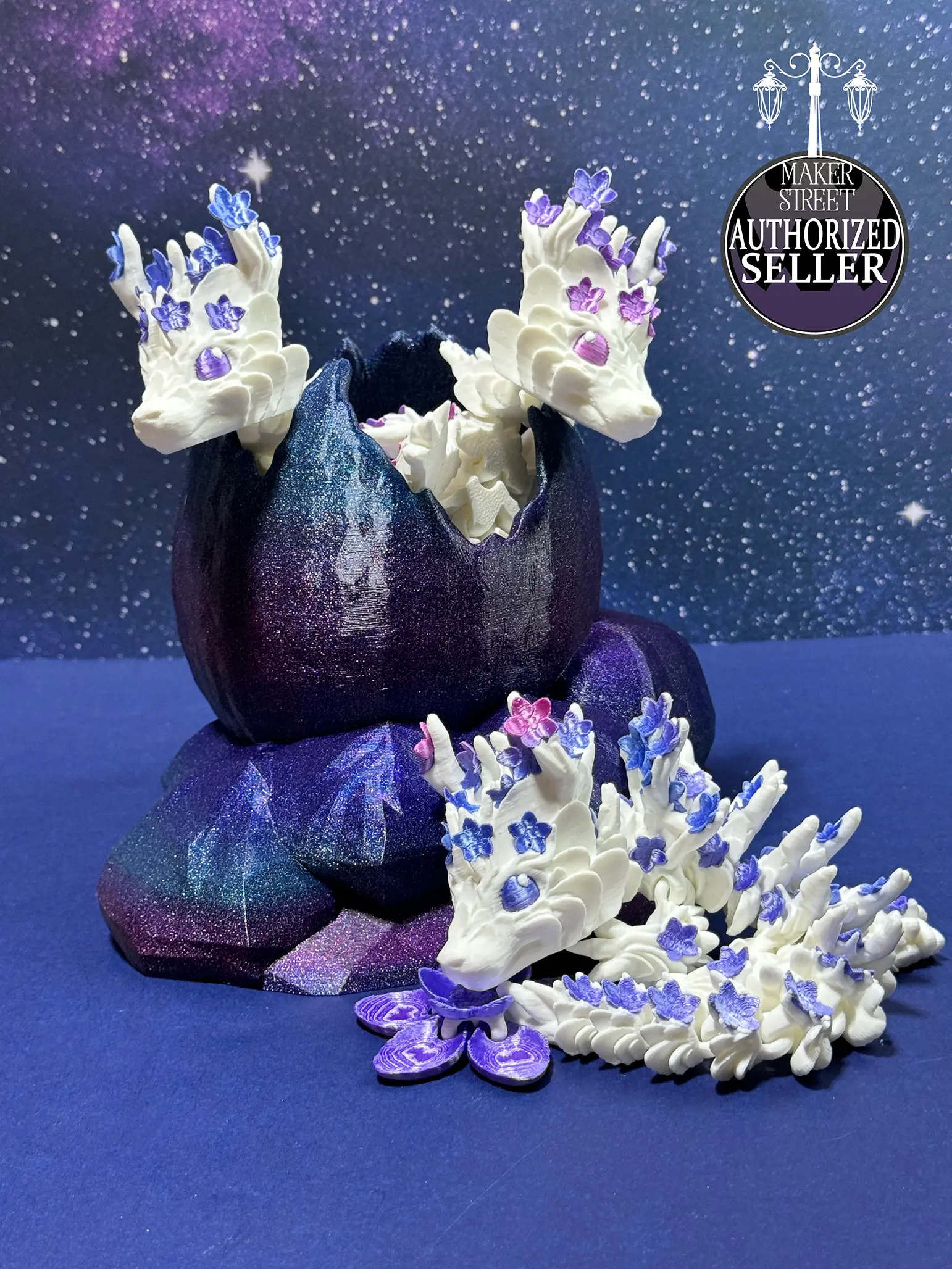 3D Printed Baby Cherry Blossom Dragon Figurine with Pink and Purple Blossoms and Optional Egg Stand