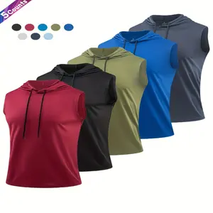 5pcs Men'S Solid Color Sleeveless T-Shirts, Casual Sportswear with Drawstring Hooded Vest, Polyester Knit Fabric - Cool, Breathable, Quick-Dry, Soft and Comfortable Multifunctional Fitness Clothes Suitable for Daily Exercise, Running, Cycli