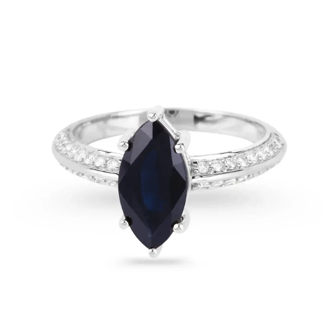 2.10 Ct Marquise Blue Sapphire & Lab Grown Diamond Prong 10K Gold Pave Bridge Ring