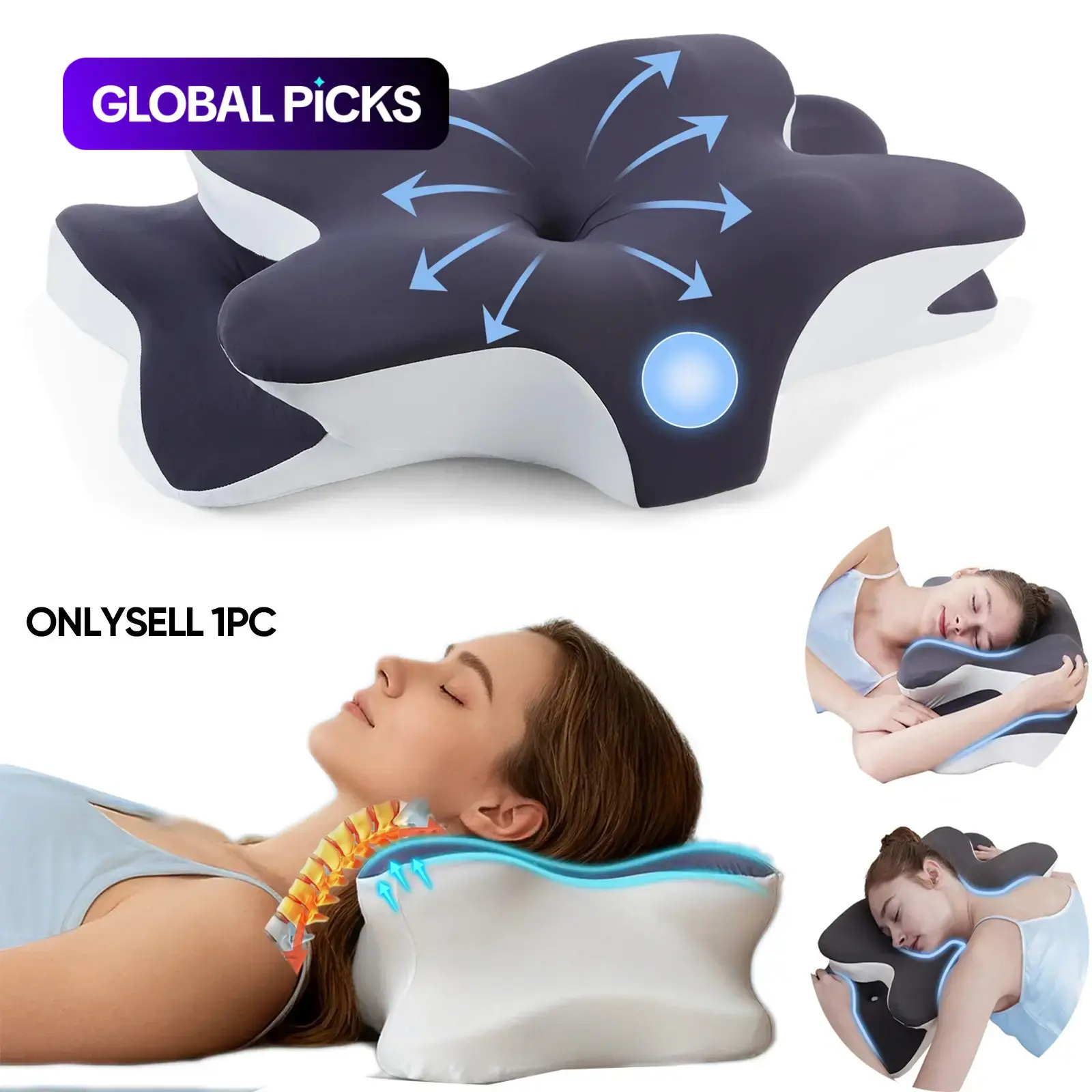 Double-Wing Contoured Memory Foam Neck Pillow, Cooling Technology, Zoned Contour Design, Washable Breathable Pillowcase, Queen Size with Comfort-Focused Armrests, for Side, Back, Stomach Sleepers #GLOBAL PICKS