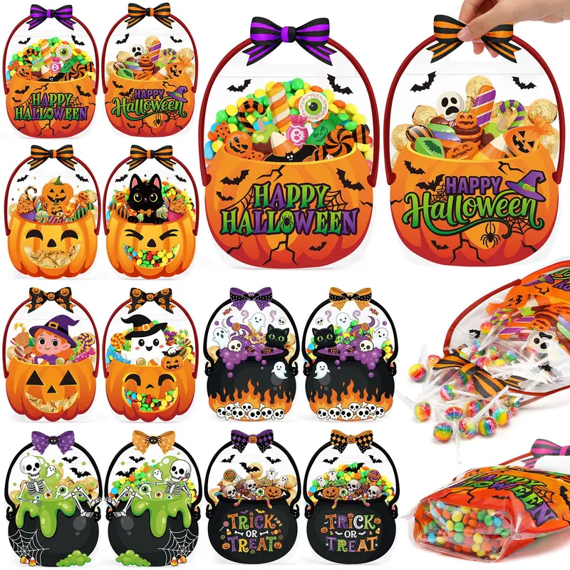 24/50 Pcs Halloween Goodie Bags Plastic Candy Bag Trick or Treat Bags with Cauldron Skeleton black Cat Skull Pumpkin Design,Treat Bags for Student Teacher Colleagues Neighbors,Classroom Snack Storage for Halloween Birthday Party Favor Supplies, Spooky, Pa