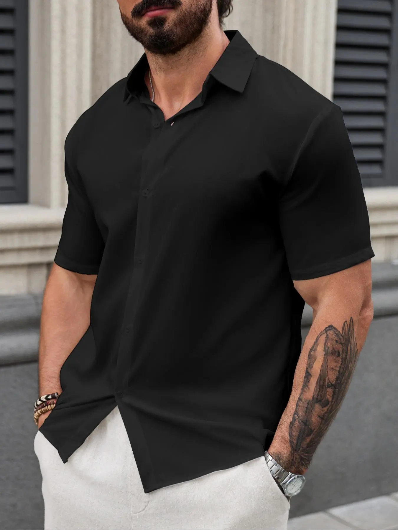 Men's Regular-Fit Solid Color Short-Sleeve Button-Front Shirt, Menswear Classic Casual Collared Top for Summer Daily Wear Plain
