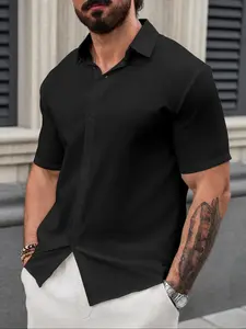 Men's Regular Fit Solid Button Front Shortsleeve Shirt, Casual Short Sleeve Button Collared Shirt for Summer, Fashion Men's Top for Daily Wear, Teacher Outfits, 2000s Tops, Menswear, Casual Outdoor Shirt, Button Up Shirt, Button Down Shirt