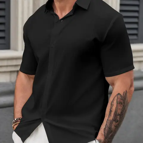 Men's Regular-Fit Solid Color Short-Sleeve Button-Front Shirt Menswear Classic Casual Collared Top for Summer Daily Wear Collared Fitted Shirt