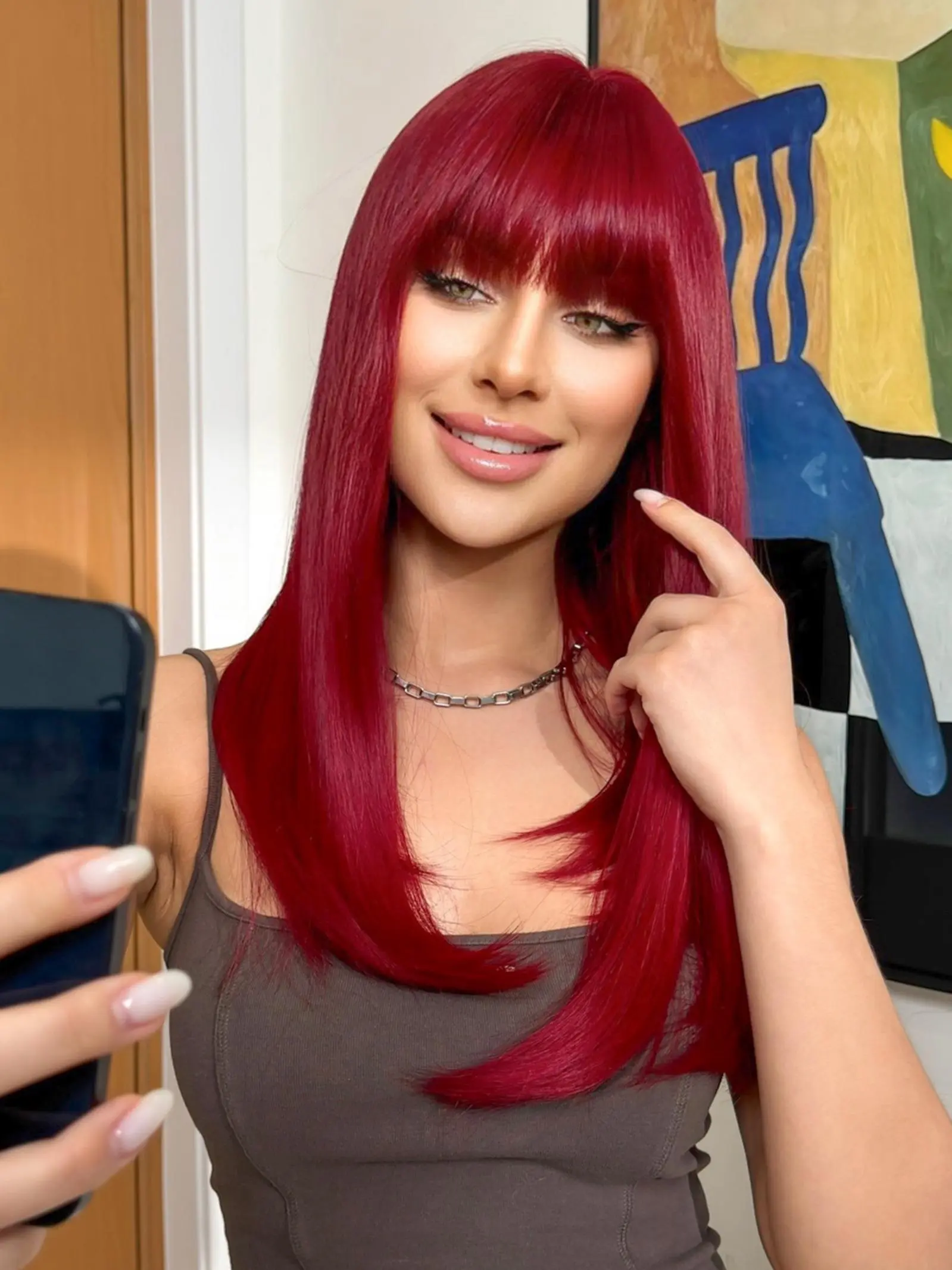 22 Inch Red Long Straight Wigs for Women, Gorgeous Fluffy Wigs with Bangs, Hair Straight Wigs, Synthetic Full Machine Wigs, Synthetic Material Wigs for Party, Daily Use