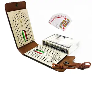 Foldable Travel Cribbage Board Game Set, Leather Cribbage Board Set with Cards Storage Area for Cribbage Lovers