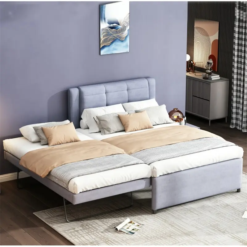 Full Size Upholstery Platform Bed with Twin Size Trundle,Trundle can be flat or erected, No Box Spring Needed,  Linen