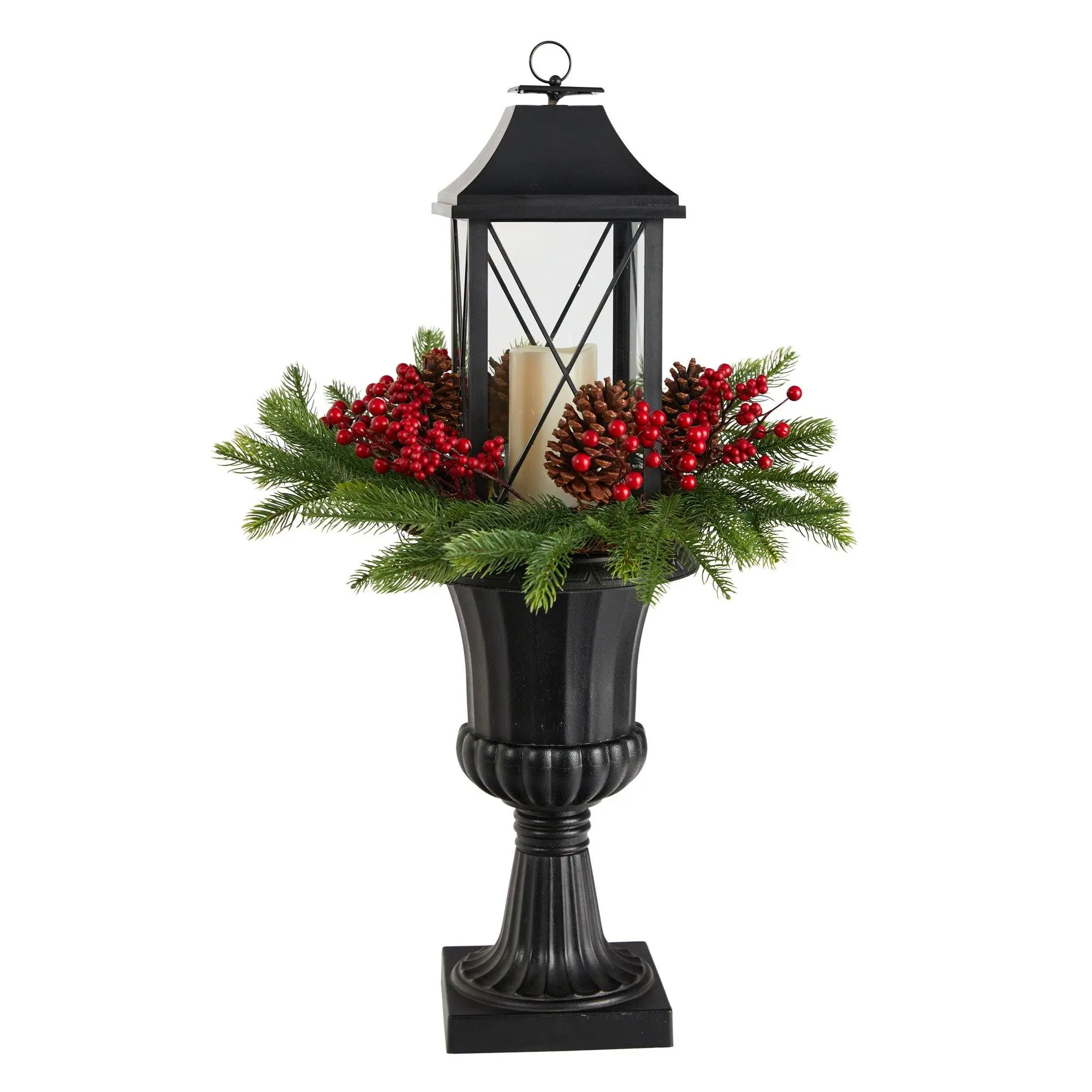 33 in Large Urn-Shape Illuminated Lantern - Floor Standing Patio Decoration, Outdoor Decorative Light with Christmas Holiday Greenery, Berries, Pinecones for Home Decor