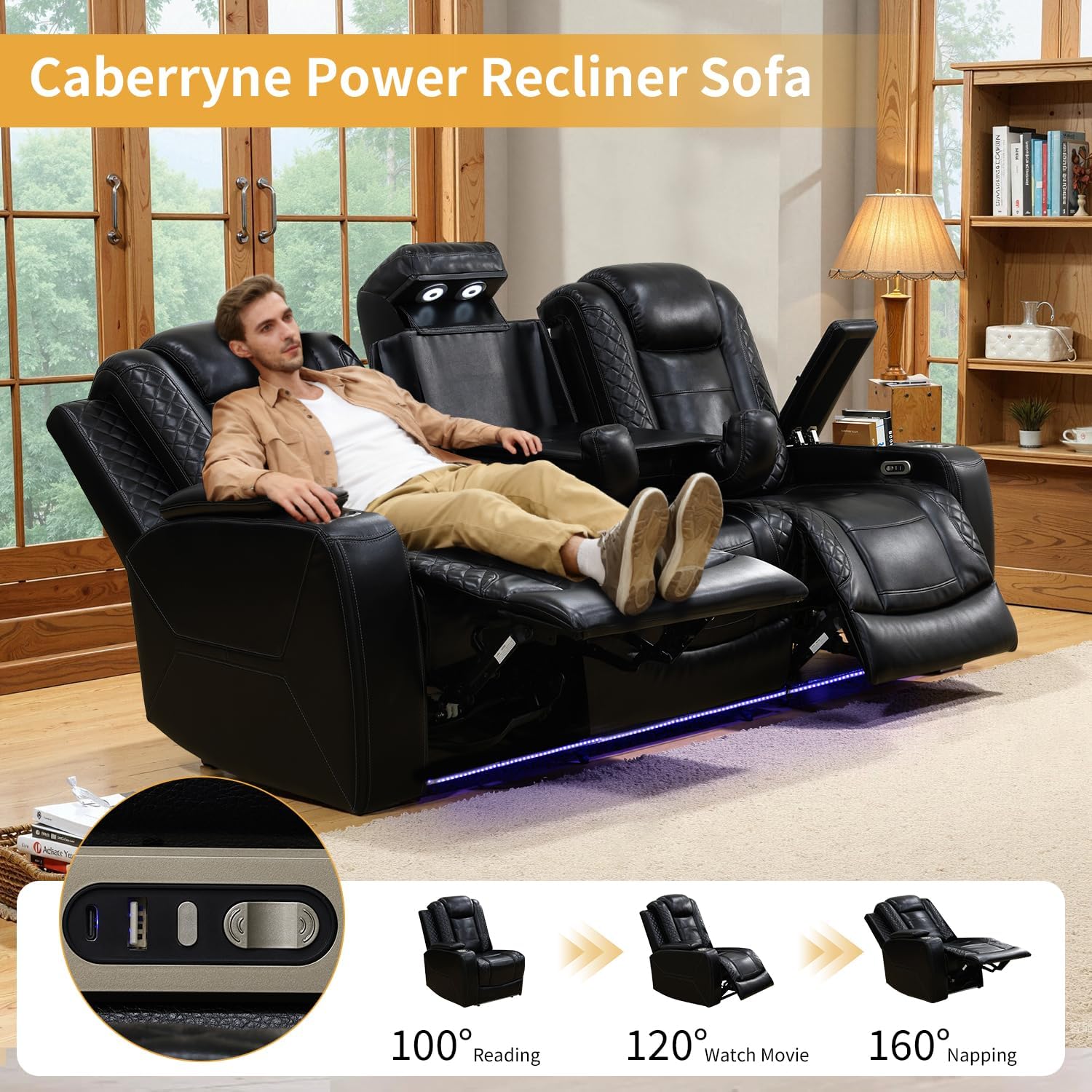5-Seat PU Leather Recliner Sofa Set - Sturdy, Durable Indoor Living Room Furniture with LED Lights, Coffee Table, Storage Console, Cup Holder, USB Ports, Ergonomically Adjustable Recliner Chair