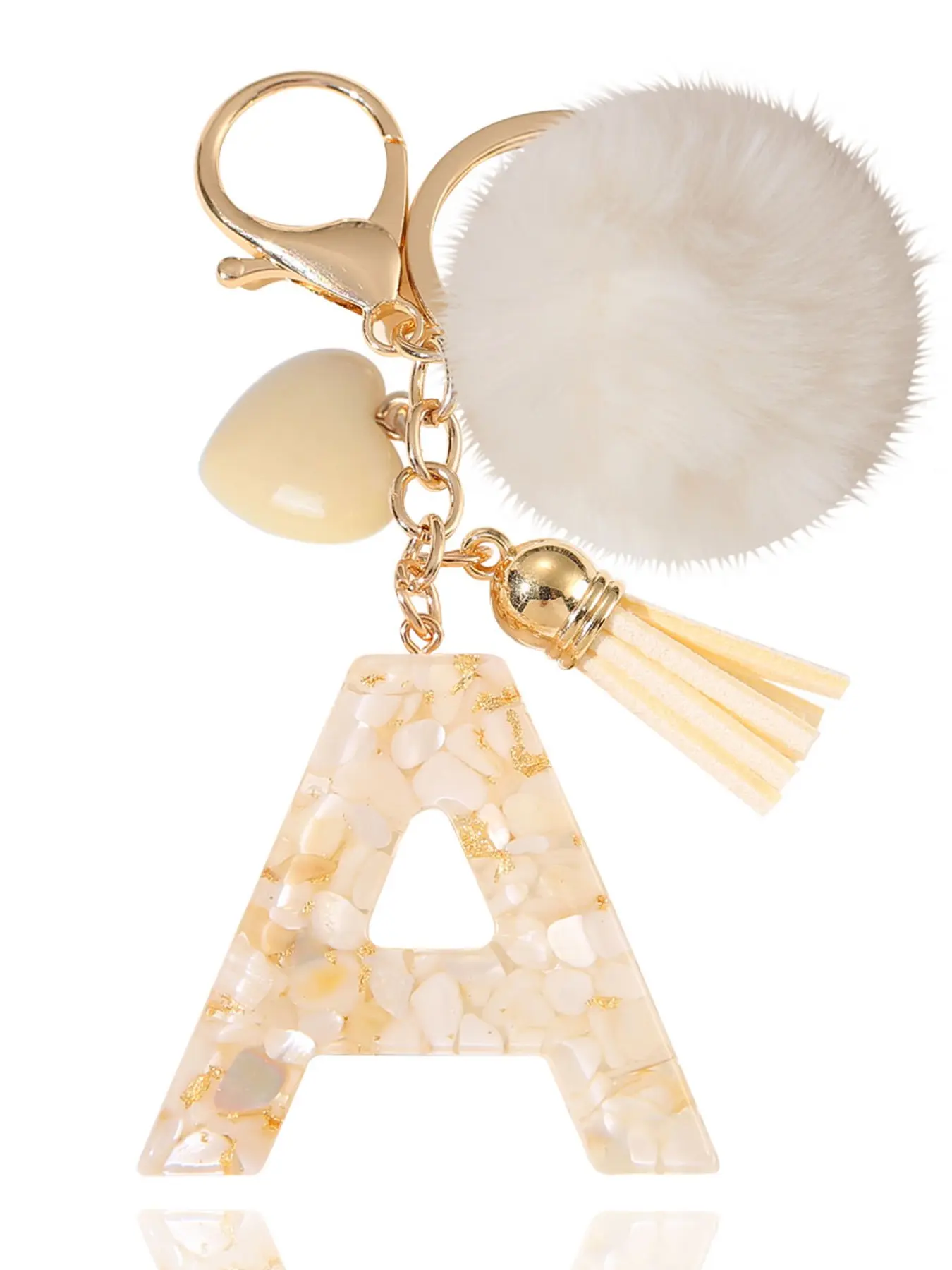Cream Initial Letter Keychain with Leaf Accents, Cute Bling Pom Pom Key Chain, Perfect Gift for Women, Aesthetic Keychain, Keyrings