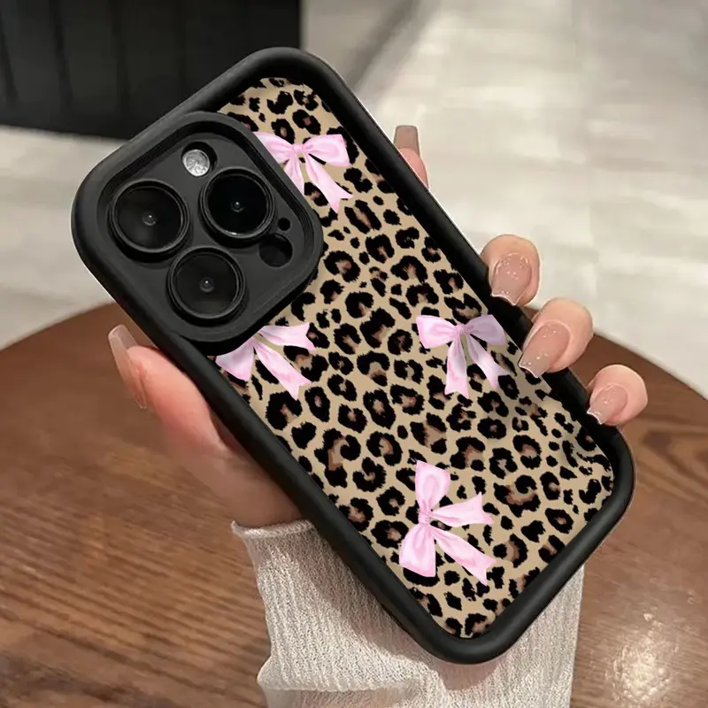 Pink Ribbon Leopard Print Design TPU Case for iPhone 17 Pro Max 16 16e 15 14 Plus 13 12 Mini 11 Air XR X XS Straight Edge Drop-Resistant Rugged Durable Cover Shell Gift
