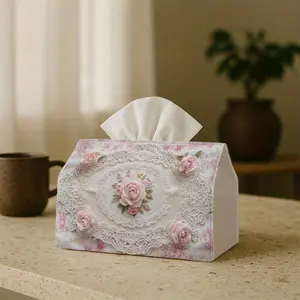 Rose Pattern Leather Tissue Box Cover Universal Size Waterproof PU Leather Home Storage Decor for Bathroom Bedroom Office