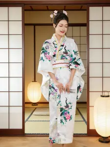 Women's Peacock Print Satin Kimono Robe with Belt, Outerwear Japanese Style Home Clothing, Bridal Morning Gown for Vacation & Photography