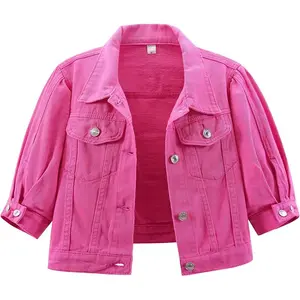 Women's Casual Cropped Denim Jacket Button Front Denim Jean Jacket with Puff Sleeves Outfit Womenswear