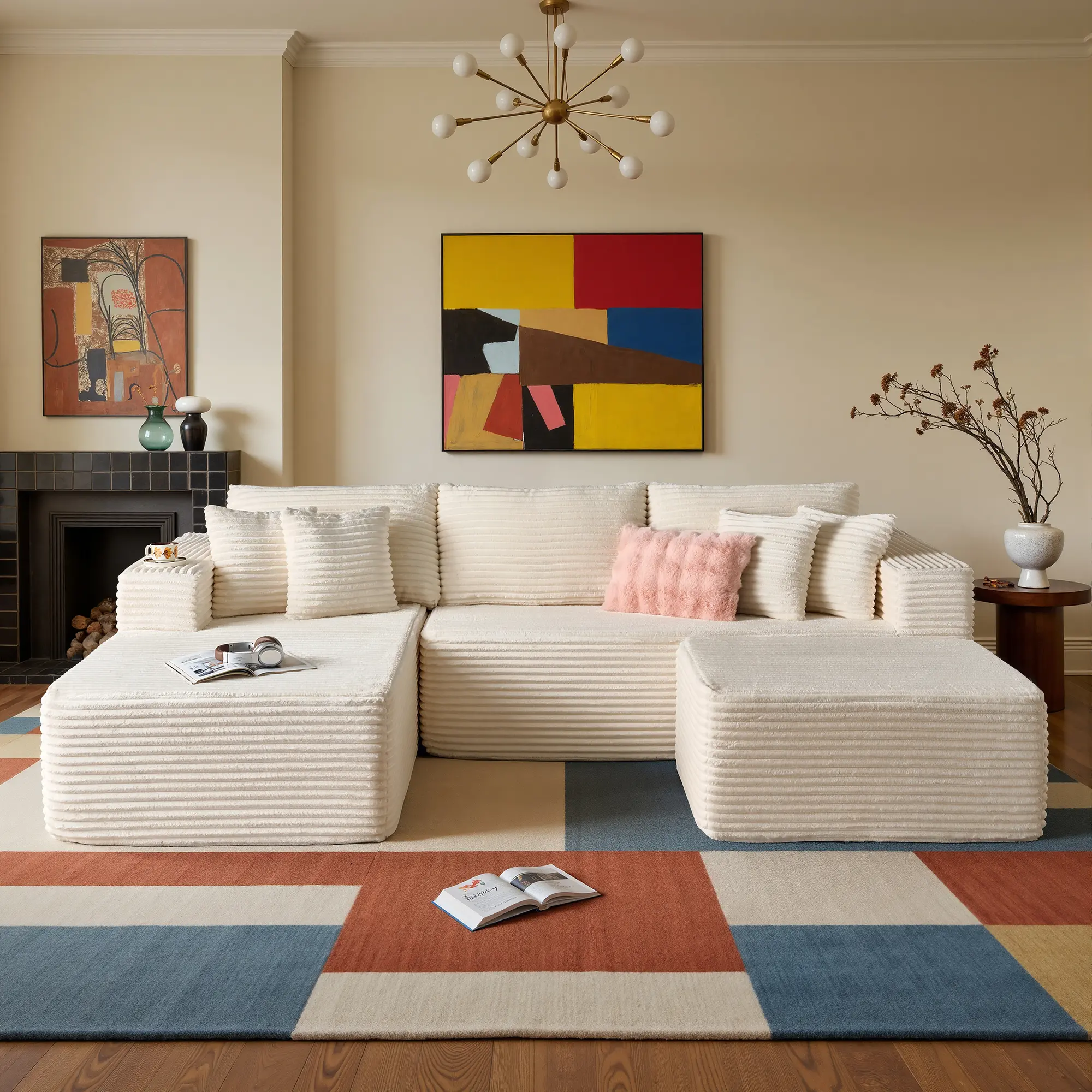 108" White U Shaped Left Chaise with Ottoman  2