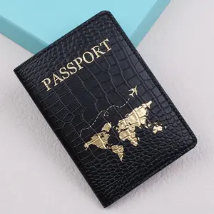 [Anti-Theft Passport] Lightweight Anti-Theft Synthetic Leather Travel Passport Holder |   Black Crocodile-Embossed with Golden Lettering & World Map Design - Document Organizer for Vacations