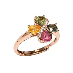 S925 Four-leaf Clover Lucky Rainbow Tourmaline Ring, Healing Nauture Gemstone, Sparkly Muticolor,adjustable size,Hand made,gift,birthston, for girl