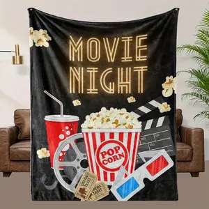 Soft Flannel Blanket, Movie Night Popcorn & Soda Print Warm Cozy Throw, Durable Black Plush for Home Couch Bed, Movie Lover Gift & Bedroom Decor Accessory