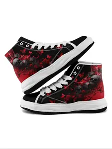 Women's Fashionable Halloween Themed Skull Pattern Lace Up Canvas Sneakers, Casual Comfortable Mid Top Sneakers, Female All-match Round Toe Shoes for Daily Wear