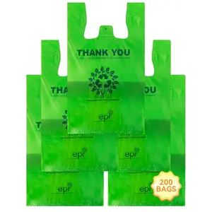[200 per box],Recyclable Compostable  Biodegradable Plastic T-Shirt Bags,Grocery Shopping Bags,Measures 11. 5" X 6. 25" X 21"( large size 1/6) , 16 Mic (0. 63 Mil)