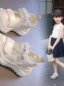 Girls' Summer Breathable Mesh Flower Sparkly Sandals, Rhinestone Decor, Silver Color PU Patchwork, Anti-Slip Sole, Magic Tape Buckle, Sizes 3-12