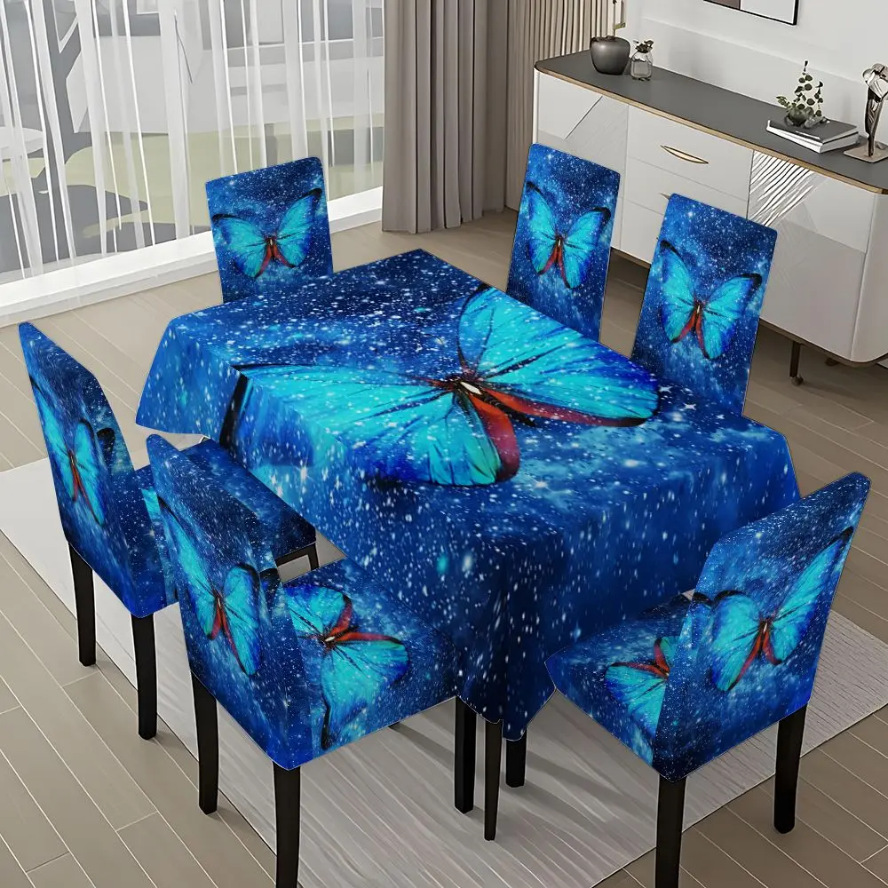 5/7-piece 2D Printing Blue Butterfly Starry Sky Pattern Tablecloth and Chair Covers Set, Chair Covers For Dining Chairs, for dining table and chair decoration, perfect for home, parties