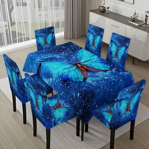 5/7-piece 2D Flat Printing Blue Butterfly Starry Sky Picture Printing Pattern Tablecloth and Chair Cover Set, for dining table and chair decoration, perfect for home, holiday gatherings, restaurants, and parties.