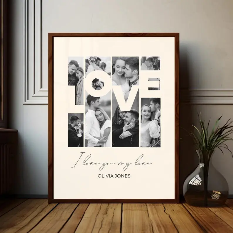 Personalized Love Photo Collage Print, Custom Anniversary Wall Art for Couples, Romantic Memory Keepsake Gift for Him or Her, Home Decor