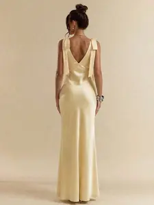 IYUNA Sexy Minimalist Solid Color Cream Yellow Deep V-Neck Backless Bowknot Tie Dress Suitable For Party