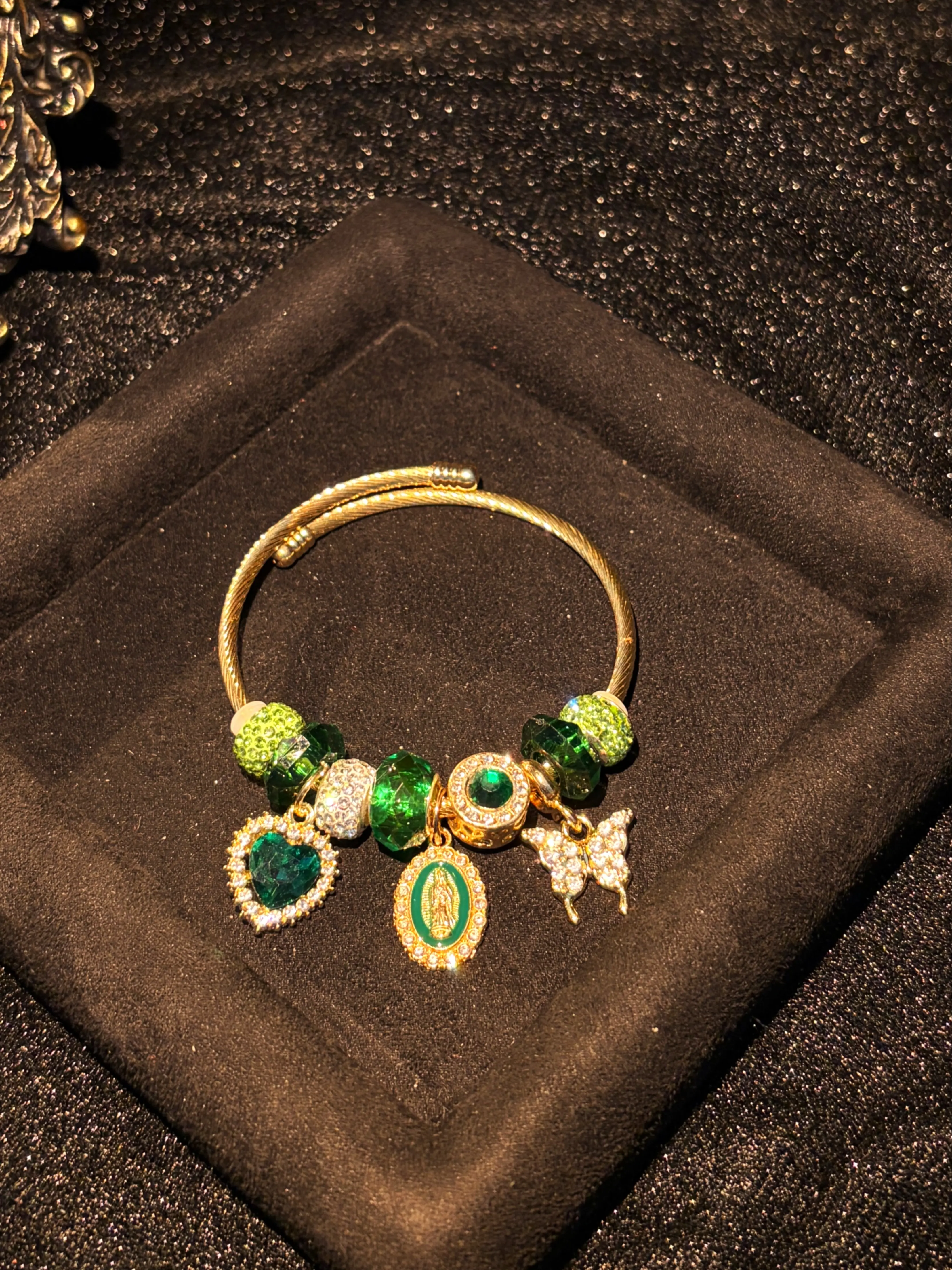 Women's Gold-Tone Emerald Green Heart Virgin Mary Butterfly Charm Bracelet - Sparkling Rhinestone Beaded Snake Chain Vintage Religious Statement Jewelry Gift