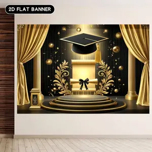 2D flat graduation season decorative background cloth, 1 piece graduation party banner, graduation cap diploma gold embellishment curtain pillar stage background cloth, suitable for family room layout, garden decoration, graduation ceremony photography