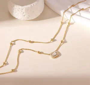 Emerald Diamond Layered Necklace Gold Plated Stainless Steel Double Layer Pendant Necklace for Women Green Stone Minimalist Trendy Jewelry for Everyday Wear Party Outfit and Gift Giving