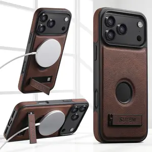 SUTENI Luxury Faux Leather Phone Case Frosted Feel Stand Magnet Wireless Charging For iPhone 17 Pro Max 16 Plus 15 14 13 12 For Unisex Relatives Friends And Elders Holiday Gift