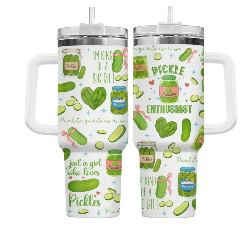 [Gift Box Included] 40oz, 20oz Funny Pickle Just A Girl Who Loves Pickles Foodie Print Stainless Steel Tumbler with Handle and Straw Vacuum Insulated Travel Mug Fits Car Cup Holder Cool Gift for Pickle Lovers & Women