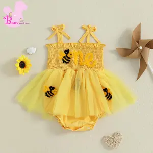 Baby Girl Birthday Romper Dress Casual Bee Letter Embroidery Sleeveless Jumpsuit for Newborn Toddler Cute Clothes