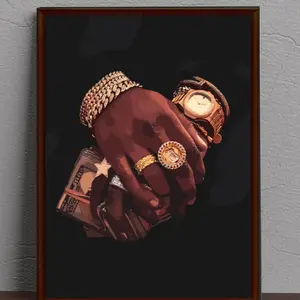 Black Male Wall Art, Afrocentric Black Culture Print, Black Man with Gold Jewelry and Dollars Poster, Modern Abstract Room Decor, Unframed