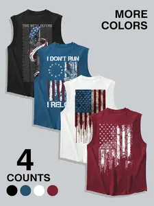 Men's 4-Piece Patriotic American Flag Print Sleeveless Vest Set, Vintage Worn Usa Flag & Gun Print Slogan, Casual Loose Street Fashion