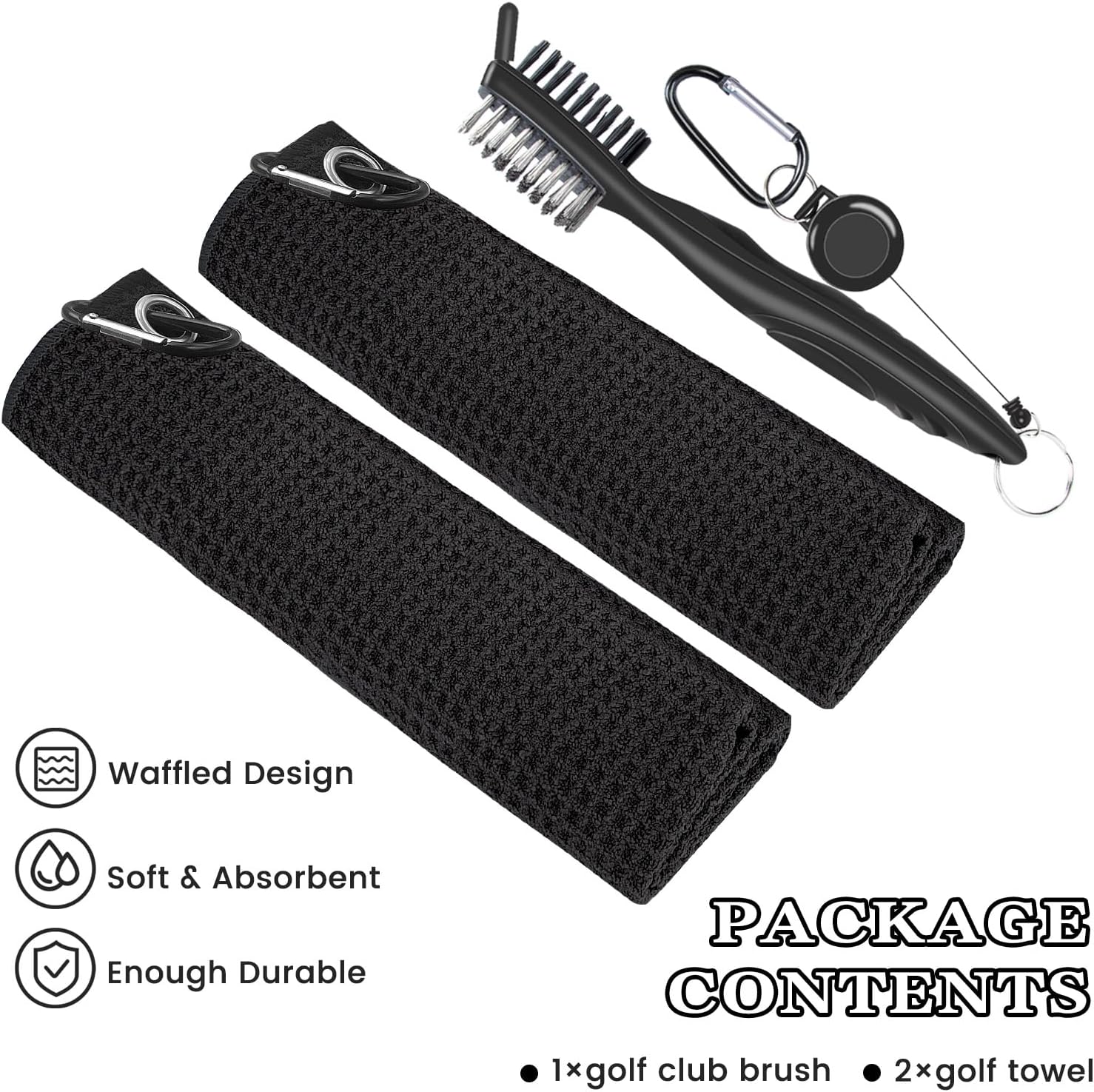 2 Pack Golf Towel (16" X 16") with Club Brush, Microfiber Waffle Pattern Golf Towels for Golf Bags for Men,Essential Golf Combo Cleaning Kit (Black)