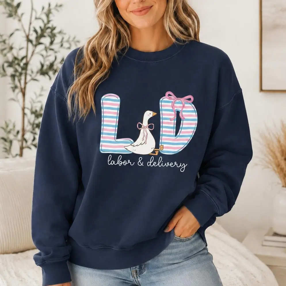 Labor and Delivery Nurse Sweatshirt for Women, Cute Goose L&D Nurse Crewneck, Coquette Bow Maternity Nurse Pullover, OB Nurse Gift, Labor Delivery Nurse Appreciation Shirt