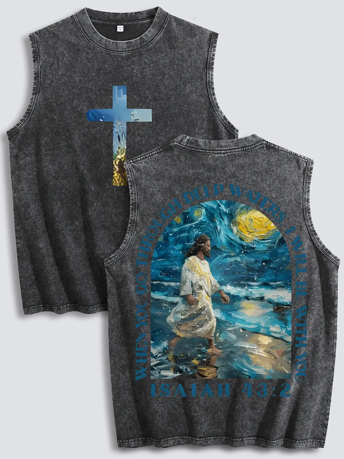 Menswear ，Starry Sky Jesus，Men's Vintage Gothic Oversized SleevelessGraphic Vest - Washed Black, Y2K Streetwear, SummerCasual Top singlets