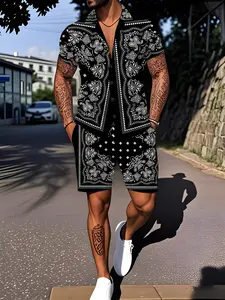 Men's Cuban Collar Short Sleeve Shirt Set with Shorts, West Coast Style Tropical Streetwear, Casual Loose Fit, All Seasons, Beach Vacation, Menswear